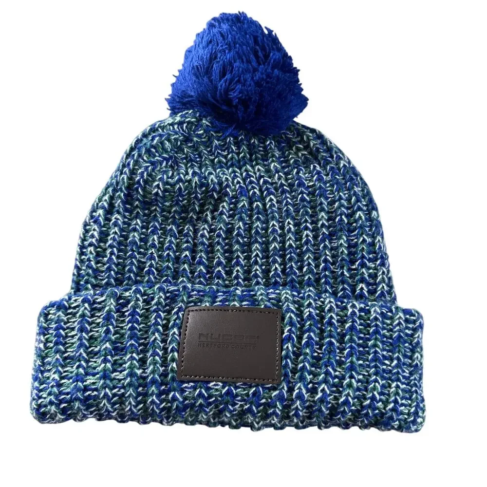 Nucor Steel Pom Beanie Blue Green Knit Cuffed Hat Acrylic